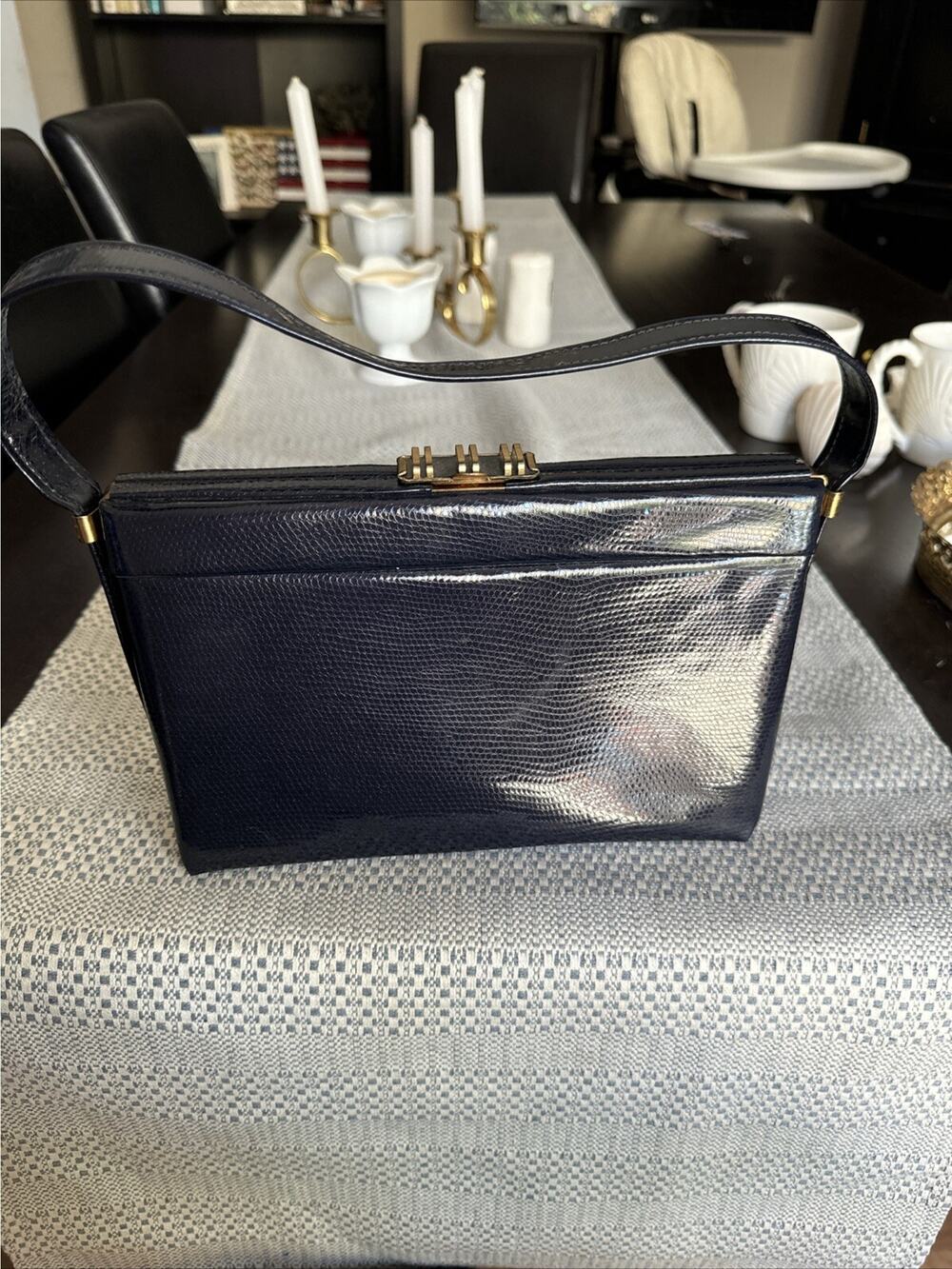 Vintage Lbf Navy Blue Purse Made In England Lizard Skin Print